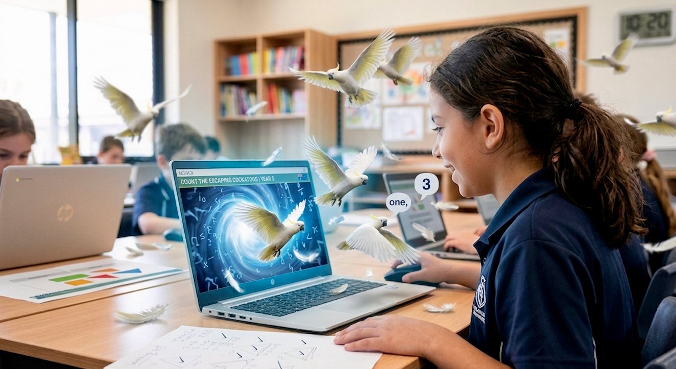 Australian student counting cockatoos in an interactive maths lesson on a laptop